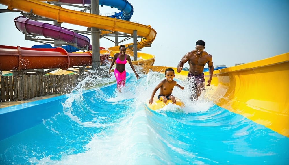 Families and friends enjoying water slides at Water Park Dubai Families and friends enjoying water slides at Water Park Dubai